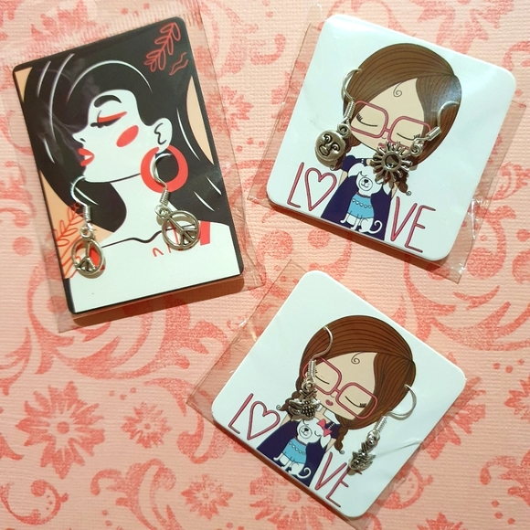 Jewelry - Silver Drop Earring Bundle - Peace Symbol, Sun & Moon irregular, Goldfish